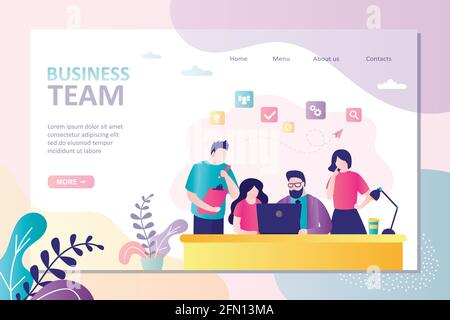 People are working together on new project. Collective joint work. Landing page template on business team theme.Teamwork, development, coworking and o Stock Vector