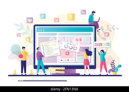 Business team working together on web page design. People building website interface on computer. Web development, teamwork, new internet project. Cha Stock Vector