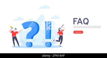 Q and A or FAQ concept with tiny people characters, big question and exclamation mark, frequently asked questions template. Stock Vector
