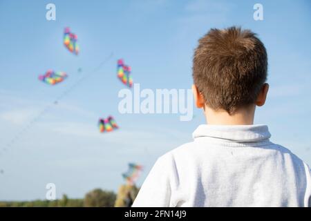 A boy playing and watching flying Kites in blue sky. Stock Photo