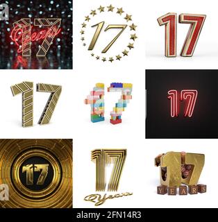 Set of seventeen year birthday. Number 17 graphic design element. Anniversary number template elements for your birthday party. 3D illustration Stock Photo