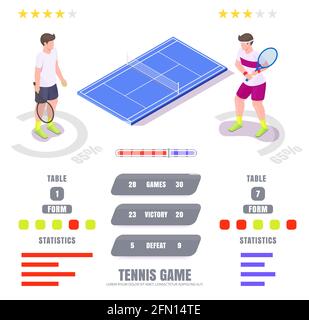 Tennis game statistics, ratings, vector isometric infographic. Tennis tables and sport match results. Stock Vector
