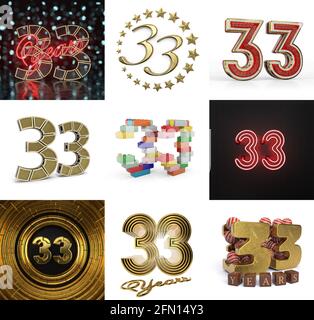 Set of thirty-three year birthday. Number 33 graphic design element. Anniversary number template elements for your birthday party. 3D illustration Stock Photo