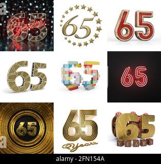 3d illustration, 65 anniversary. golden numbers on a festive background