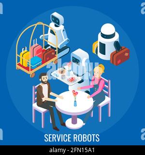 Hotel, restaurant service robots carrying luggage, serving people in cafe, vector isometric illustration. Stock Vector