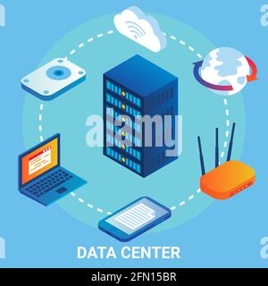 Data center flowchart, vector illustration. Isometric laptop, mobile, server racks, wifi. Cloud storage, data transfer. Stock Vector