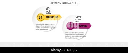 Vector infographics or timeline two circles cards connected by arrows. Business concept of 2 steps. Design template for diagram, presentations, levels Stock Vector