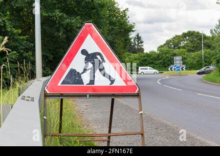 Temporary road works traffic warning sign during highway repairs on the B5070 and A5 outside Chirk Wales Stock Photo