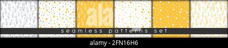 combinable seamless patterns set hand drawn tulips and abstract dots blobs doodle elements warm yellow and white. template for packaging wrapping fabr Stock Vector