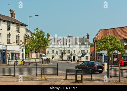 Street scene in summer in the market town of Swaffham, Norfolk, UK Stock Photo