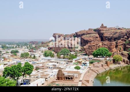 badami city aerial view taken from badami cave temple karnataka india Stock Photo