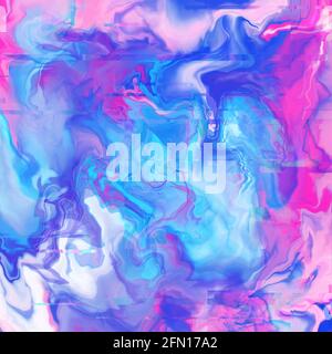Fluid marbling digital abstract glitch art in pink and cyan neon colors Stock Photo