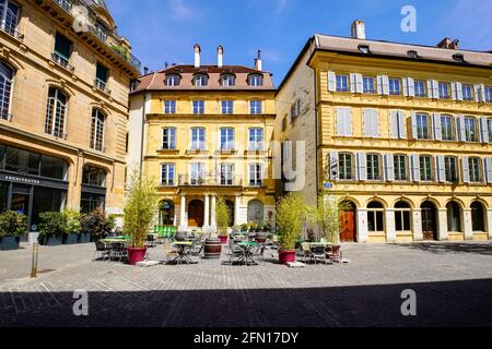 Historical buildings by Rue du COQ D’INDE,  (promenades touristique), old town Neuchâtel. Canton Neuchâtel, Switzerland. Stock Photo