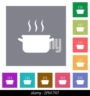 Steaming pot flat icons on simple color square backgrounds Stock Vector