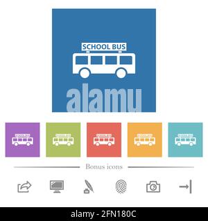 school bus side view flat white icons in square backgrounds. 6 bonus icons included. Stock Vector