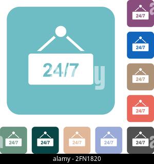 hanging table with 24h seven days a week white flat icons on color rounded square backgrounds Stock Vector