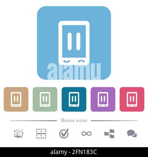 Mobile media pause white flat icons on color rounded square backgrounds. 6 bonus icons included Stock Vector