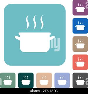 Steaming pot white flat icons on color rounded square backgrounds Stock Vector