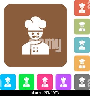 Master chef with mustache flat icons on rounded square vivid color backgrounds. Stock Vector