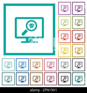 Virus scanning on computer flat color icons with quadrant frames on white background Stock Vector