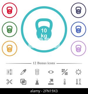 Kettlebel 10 Kg flat color icons in circle shape outlines. 12 bonus icons included. Stock Vector