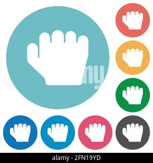 Right handed grab gesture flat white icons on round color backgrounds Stock Vector