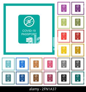 Covid-19 passport flat color icons with quadrant frames on white background Stock Vector