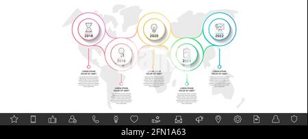 Modern and line vector infographic with icons and 5 steps. Circles with thin lines for the application, website, interface, chart, levels, diagram Stock Vector