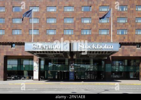 Stockholm, Sweden - May 12, 2021: Entrance and sign at the Sheraton Stockholm hotel. Stock Photo