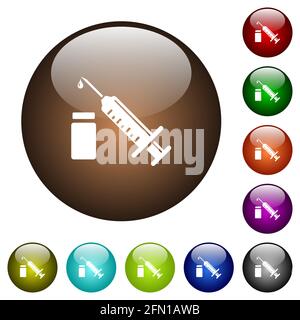 Syringe with ampoule white icons on round glass buttons in multiple colors Stock Vector