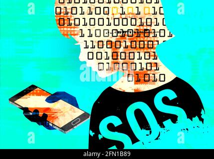 Little boy with Mobile phone dependence, SOS warning. Child stylized head silhouette with binary codes and Mobile phone. Social networks addiction . Stock Photo