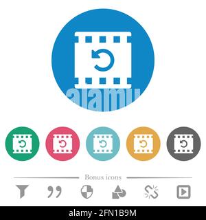 Undo movie changes flat white icons on round color backgrounds. 6 bonus icons included. Stock Vector