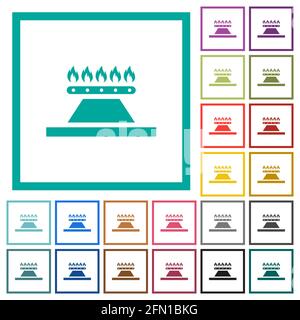 Kitchen gas stove flat color icons with quadrant frames on white background Stock Vector
