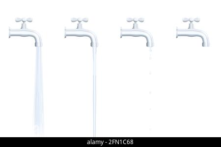 Faucet set - strong and normal water jet, dripping and turned off tab - illustration on white background. Stock Photo