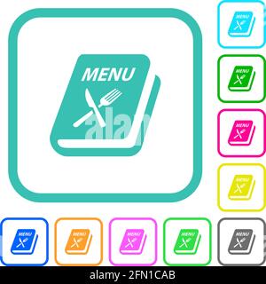 Menu with fork and knife vivid colored flat icons in curved borders on white background Stock Vector