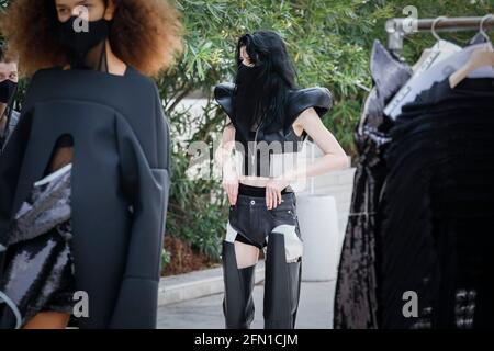 Models in the backstage of the Rick Owens Fashion show in Venezia Lido, Spring Summer 2021, Ready to Wear Fashion Week Stock Photo