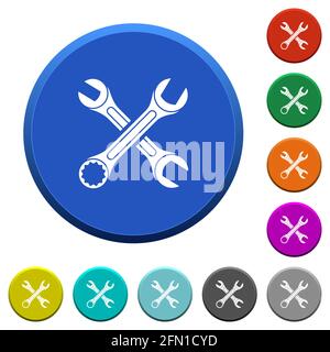 Two wrenches round color beveled buttons with smooth surfaces and flat white icons Stock Vector