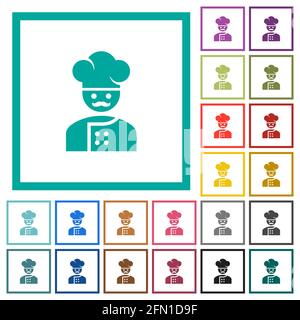 Master chef with mustache flat color icons with quadrant frames on white background Stock Vector