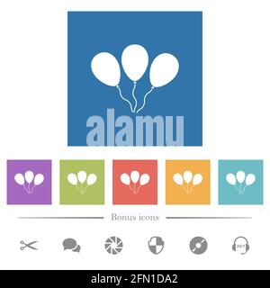 Three balloons flat white icons on round color backgrounds. 6 bonus ...