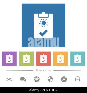 Covid test passed flat white icons in square backgrounds. 6 bonus icons included. Stock Vector