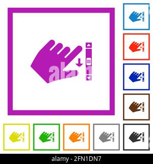 Left handed scroll down gesture flat color icons in square frames on white background Stock Vector