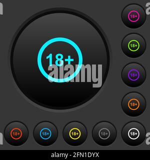 Allowed above 18 years only dark push buttons with vivid color icons on dark grey background Stock Vector