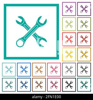 Two wrenches flat color icons in circle shape outlines. 12 bonus icons included. Stock Vector