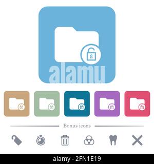 Unlock directory white flat icons on color rounded square backgrounds. 6 bonus icons included Stock Vector