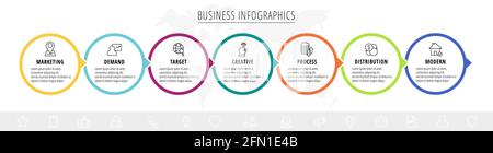 Vector infographics seven circles with arrows. Line business concept of 7 steps, options. Infographic template for diagram, web, banner, presentations Stock Vector