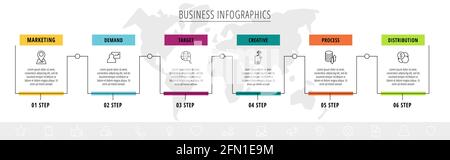 Vector line infographic template label for six colorful rectangle labels. Business concept with 6 elements and icons. Modern blank space for chart Stock Vector