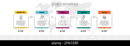 Vector line infographic template label for five colorful rectangle labels. Business concept with 6 elements and icons. Modern blank space for chart Stock Vector