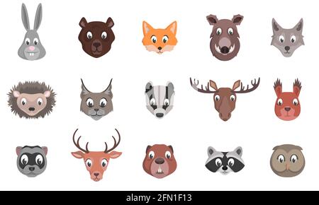 Set of forest animal heads. Characters in cartoon style. Stock Vector