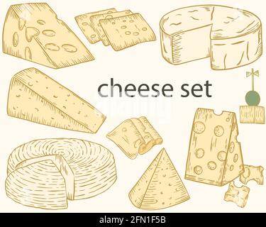 Cheese sketch. Vector set of different cheeses. Dairy products, processing industry. Head of cheese in slices and wedges. Color illustration, hand dra Stock Vector