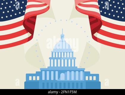 Banner with US Capitol and flags. Concept art of USA public holiday. Stock Vector